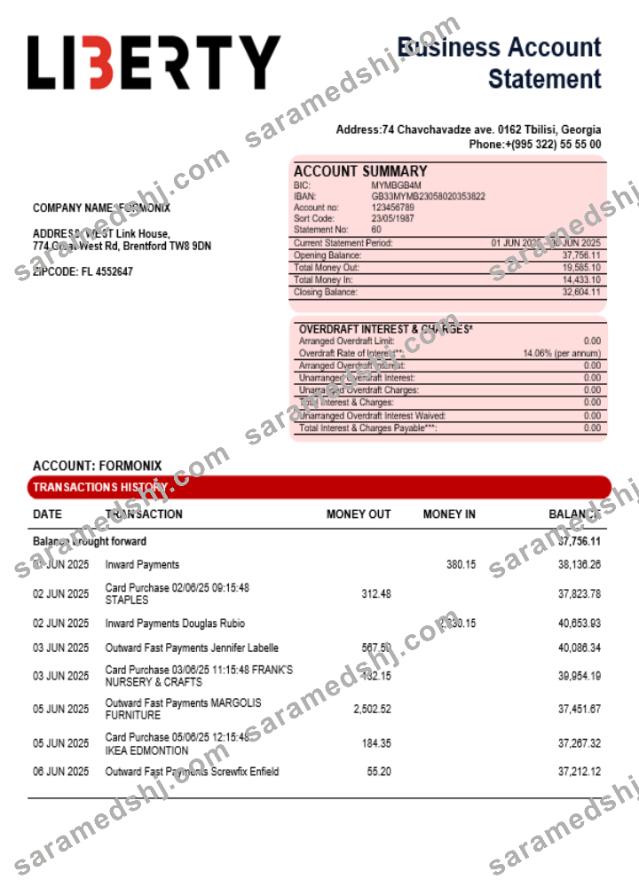 Liberty bank organization checking account statement Word and PDF format